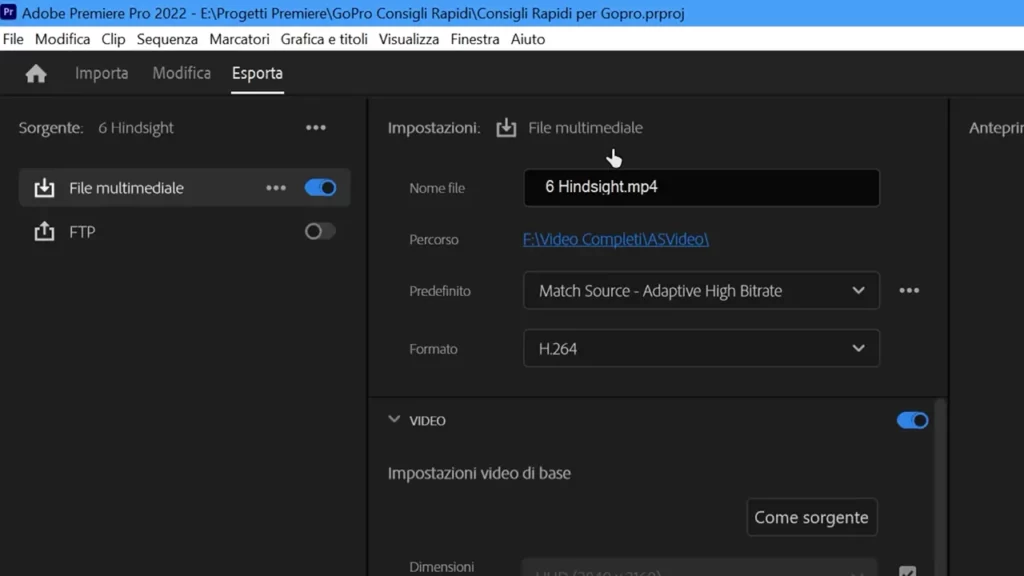 Adobe Premiere esporta nuovo tab